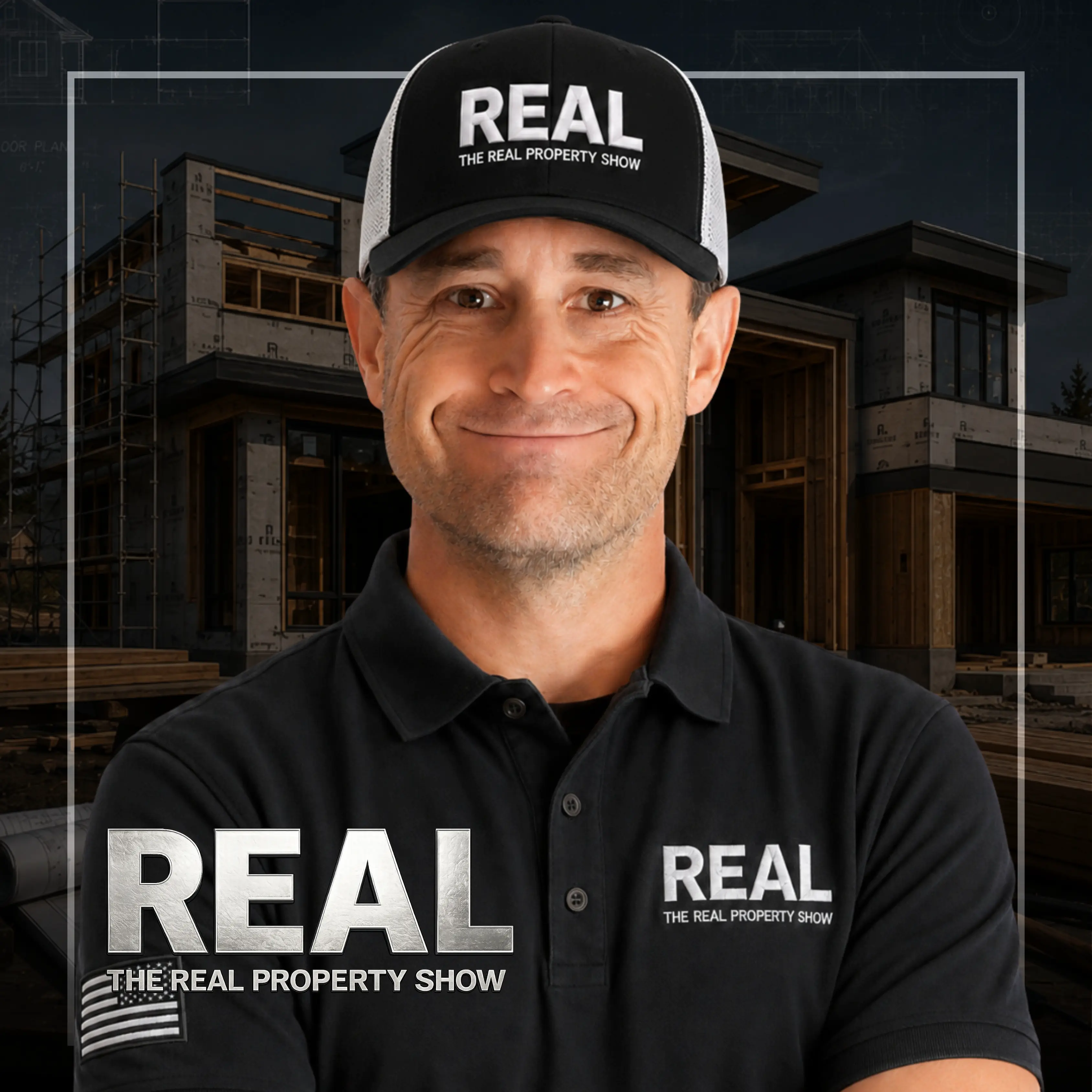 Portrait of a smiling man in a black polo and cap branded with 'REAL The Real Property Show', with a construction site in the background.